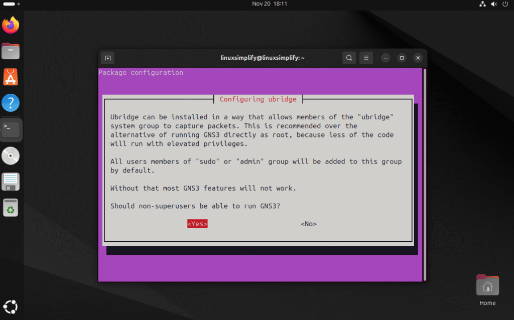 Setting pilihan saat instalasi GNS3 di Ubuntu Linux Configuring ubridge