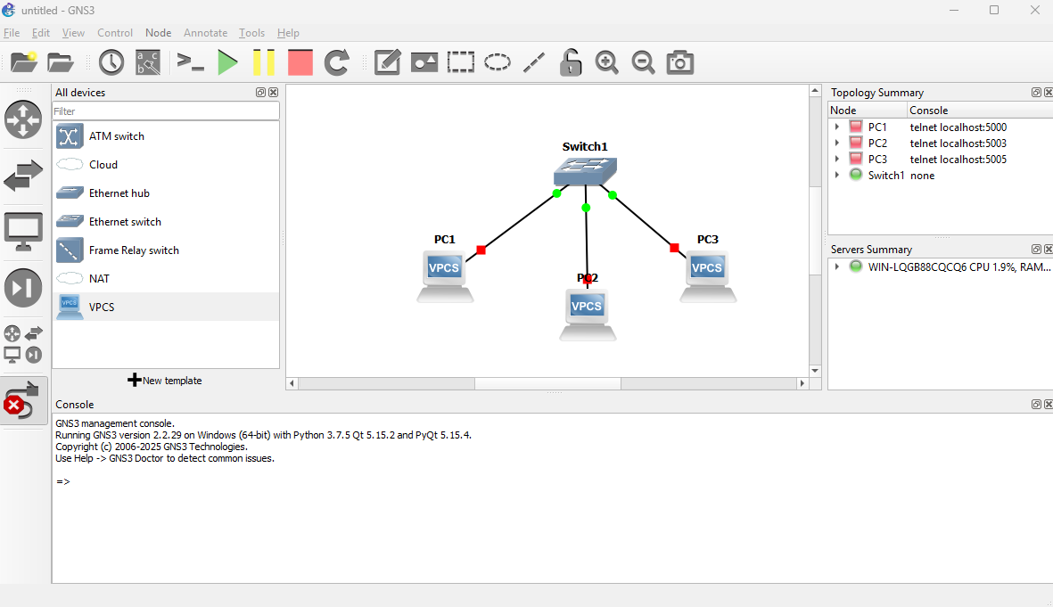 Contoh topologi jaringan yang dibuat di GNS3