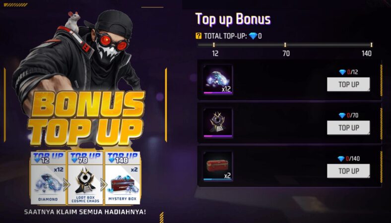 Diamond Gratis dari Event Top Up resmi Garena dapet bonus diamond FF