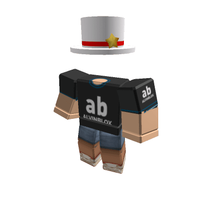 Avatar Roblox memakai topi tinggi putih dan kaos hitam