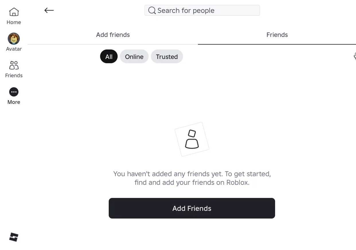 Halaman Friends Roblox dengan tab Add friends dan Friends