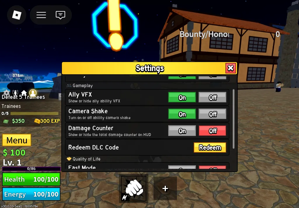 Menu Settings Blox Fruits dengan tombol Redeem DLC Code