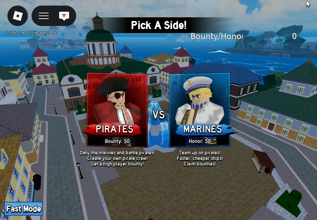 Layar pilih sisi Pirates atau Marines di Blox Fruits